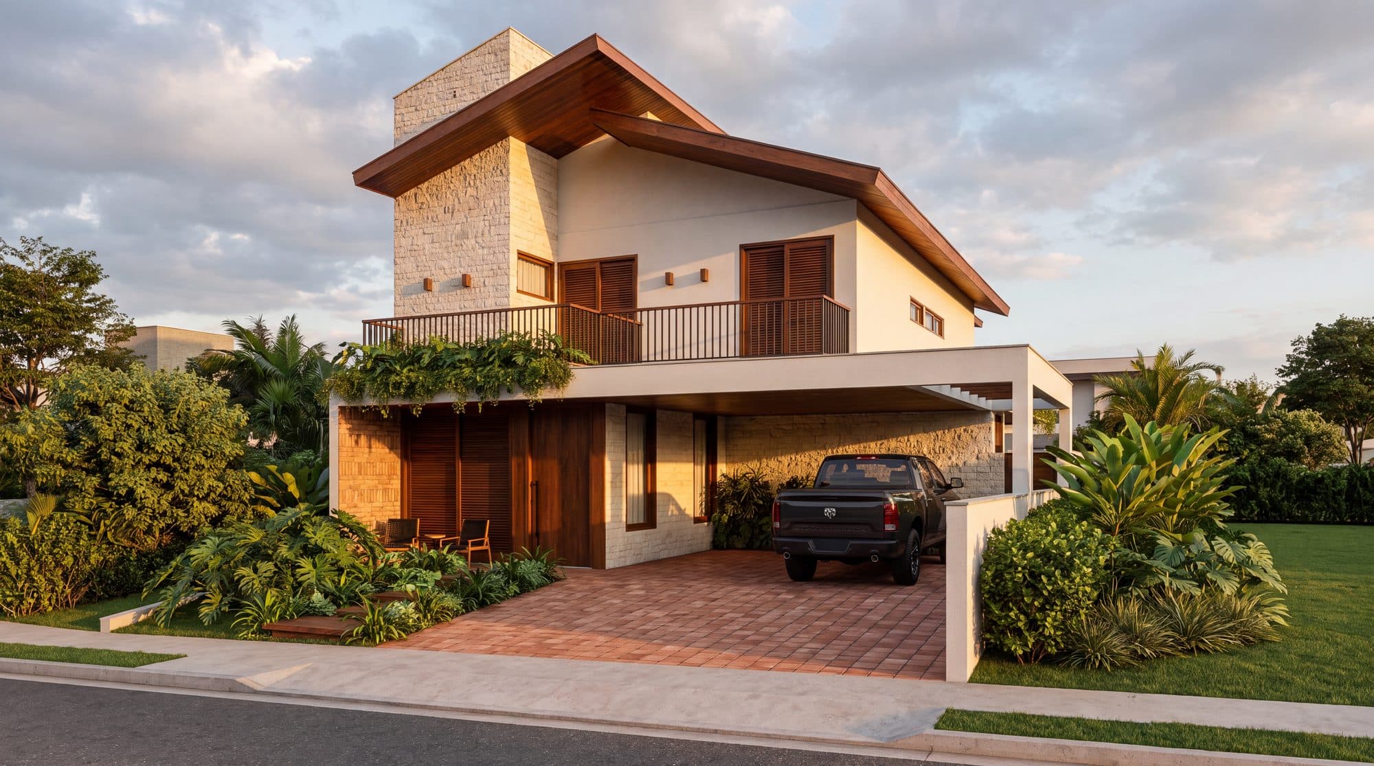 Fachada de residência com torre em pedra, cobertura em madeira e jardim tropical