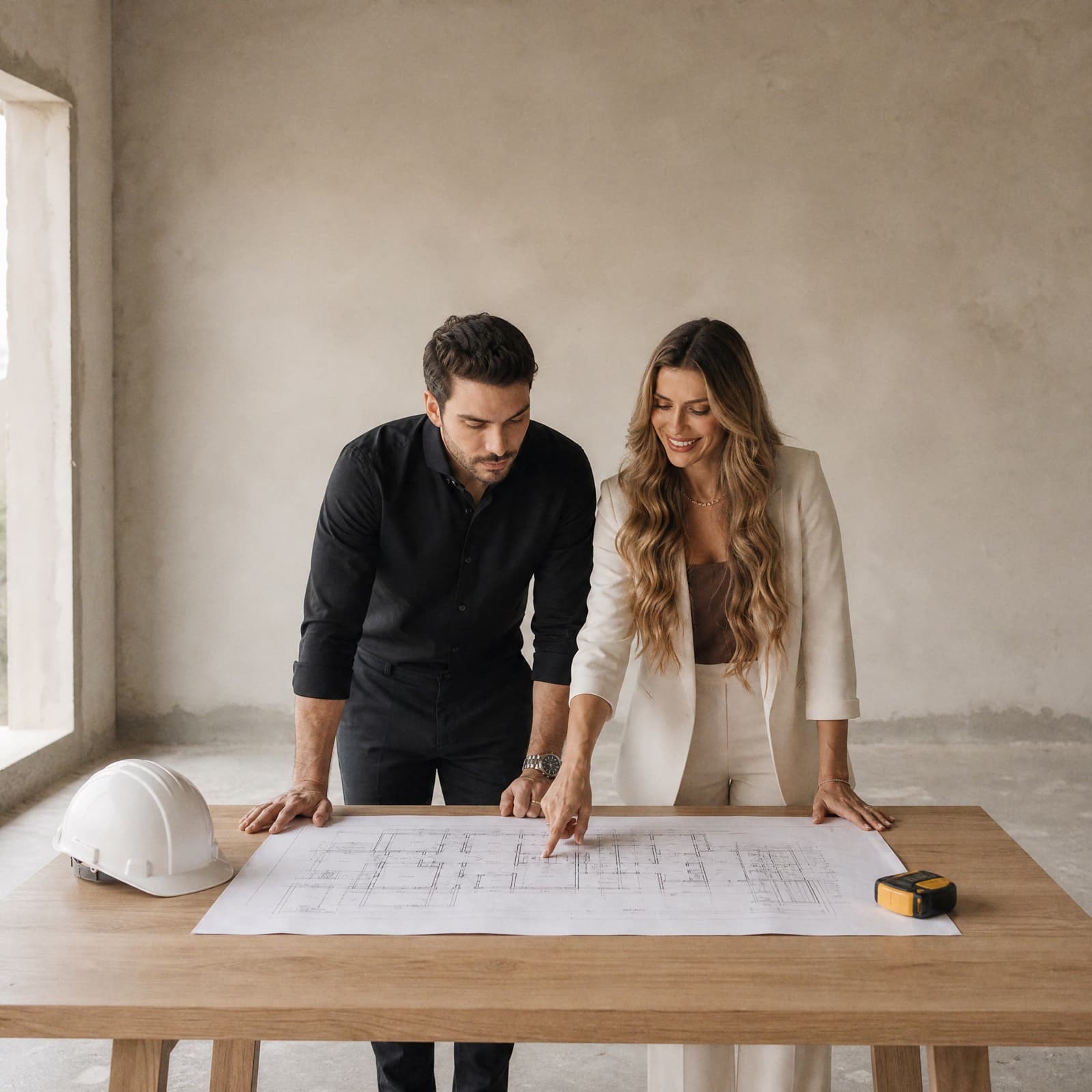 Planta de arquitetura aberta sobre mesa de madeira em obra sem acabamento, com capacete e trena ao lado, e dois sócios do escritório observando o desenho